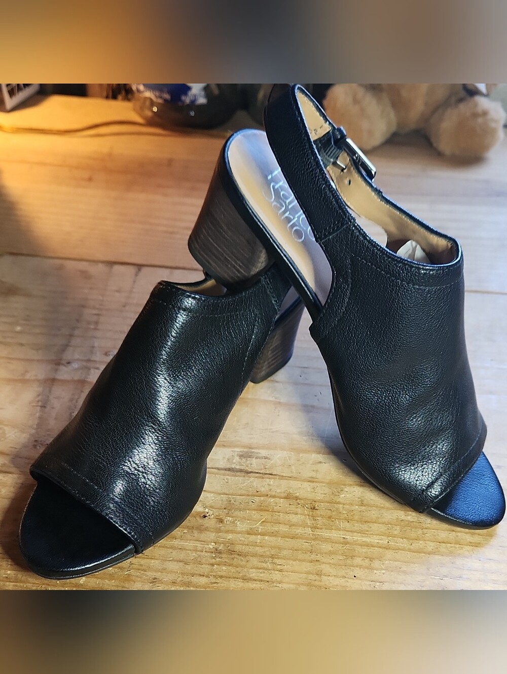 Franco Sarto Women’s Black Mandi Leather Slingback Open Toe Block Heel, Good